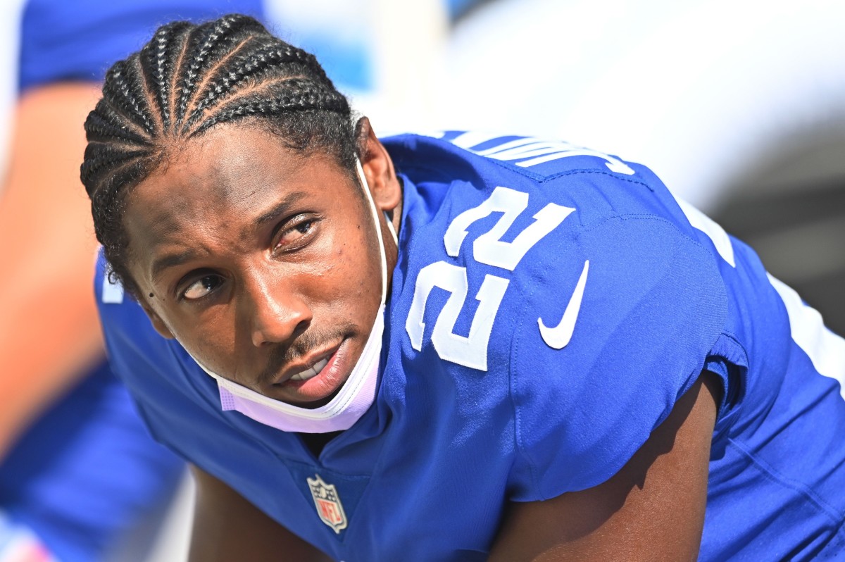 Aug 22, 2021; Cleveland, Ohio, USA; New York Giants cornerback Adoree' Jackson (22) during the second half against the Cleveland Browns at FirstEnergy Stadium.