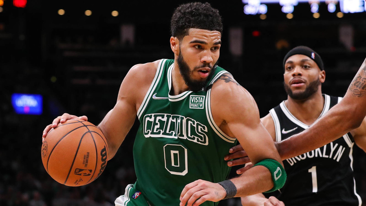 Boston Celtics forward Jayson Tatum (0) drives to the basket during the second half against the Brooklyn Nets at TD Garden.