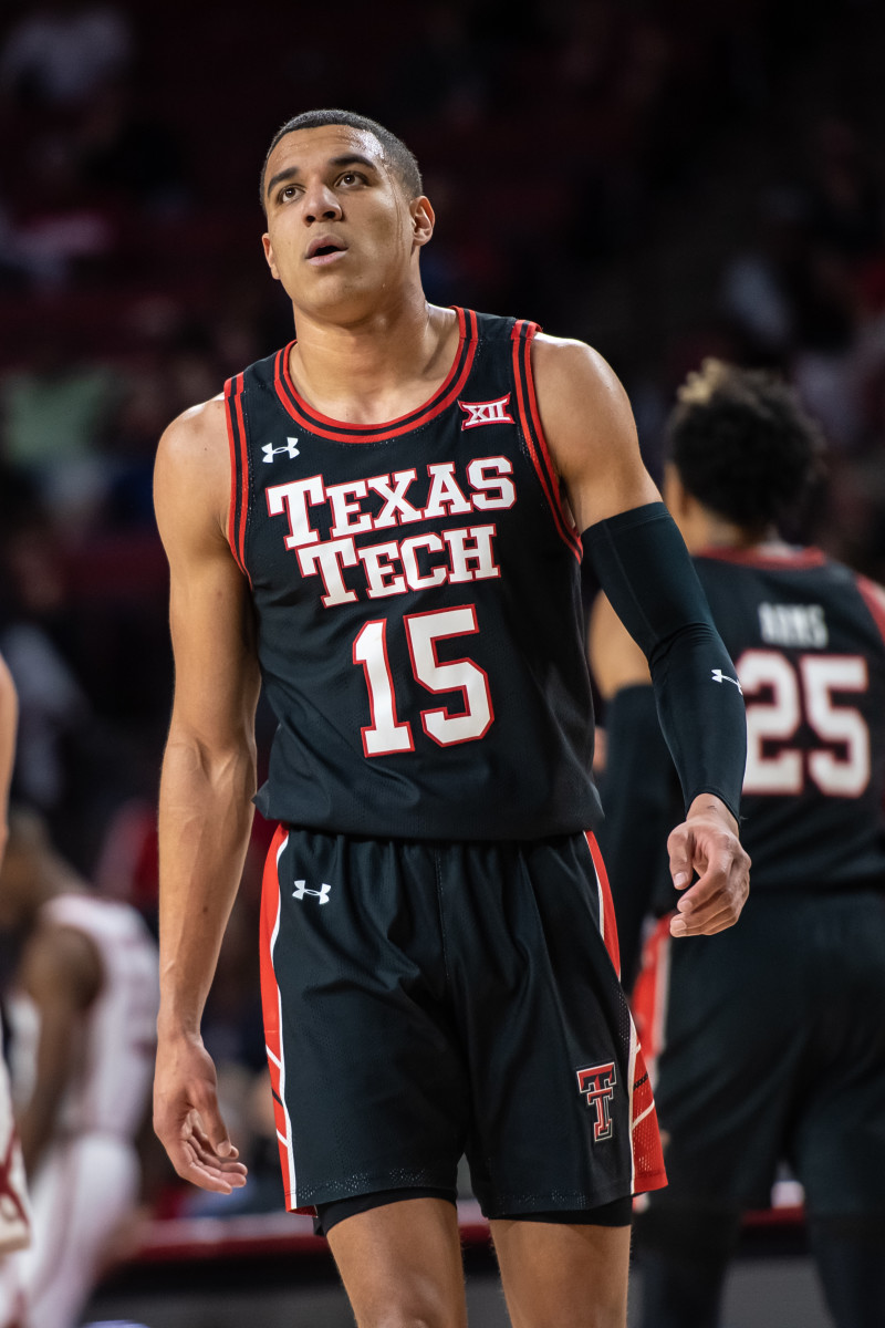 Feb 9, 2022; Norman, Oklahoma, USA; Texas Tech Red Raiders guard Kevin McCullar (15) reacts during the second half of the game against the Oklahoma Sooners at Lloyd Noble Center. Mandatory Credit: Rob Ferguson-USA TODAY Sports