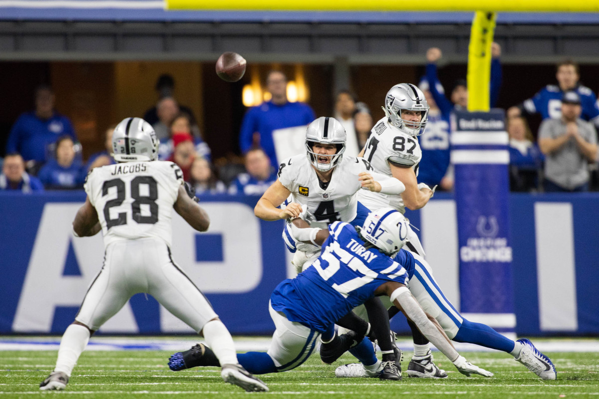 Jan 2, 2022; Indianapolis, Indiana, USA; Las Vegas Raiders quarterback Derek Carr (4) passes the ball to running back Josh Jacobs (28) while Indianapolis Colts defensive end Kemoko Turay (57) defends in the second half at Lucas Oil Stadium.