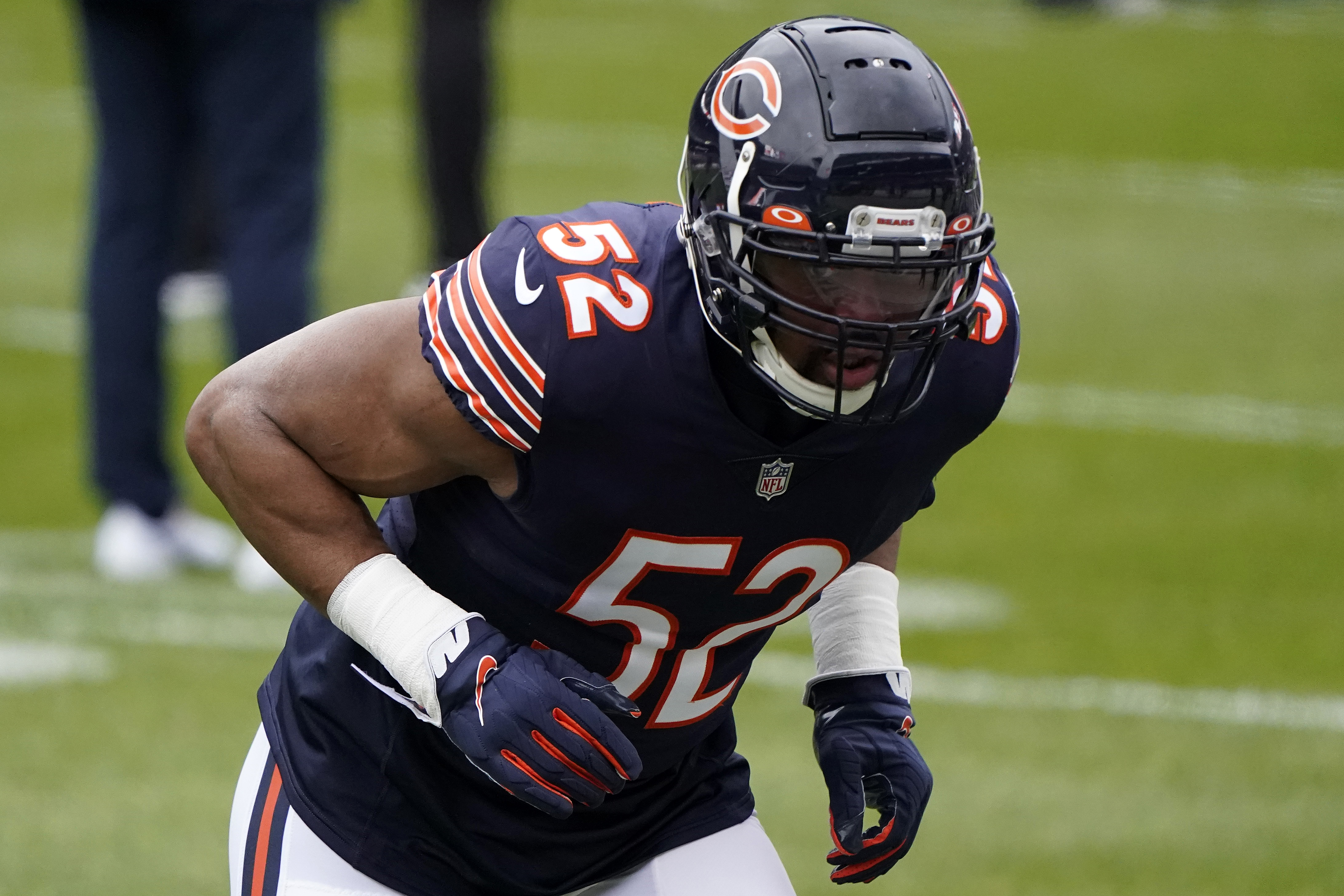 Dec 6, 2020; Chicago, Illinois, USA; Chicago Bears outside linebacker Khalil Mack (52) practices before the game against the Detroit Lions at Soldier Field. Mandatory Credit: Mike Dinovo-USA TODAY Sports