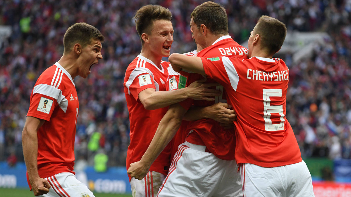Russia celebrates at the 2018 World Cup