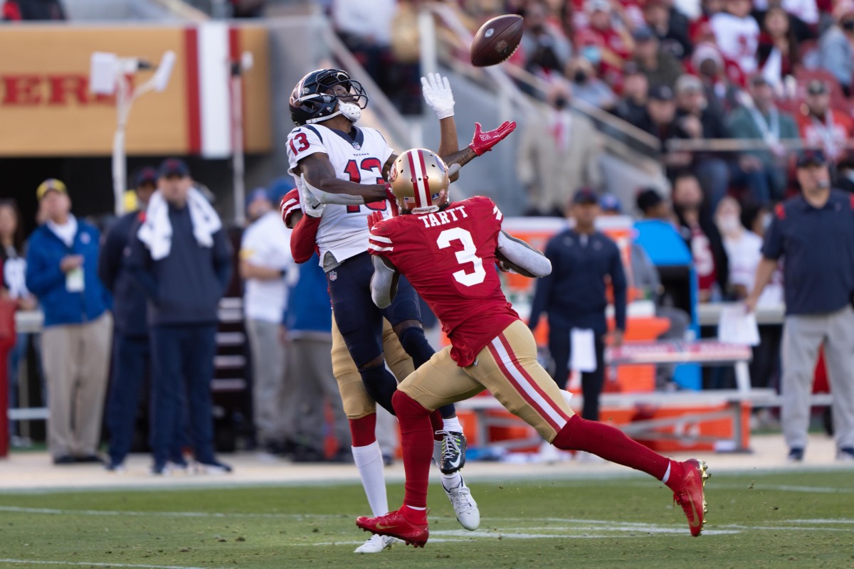 Texans receiver Brandin Cooks (13) attempts to catch the ball against San Francisco 49ers safety Jaquiski Tartt (3). Mandatory Credit: Stan Szeto-USA TODAY Sports