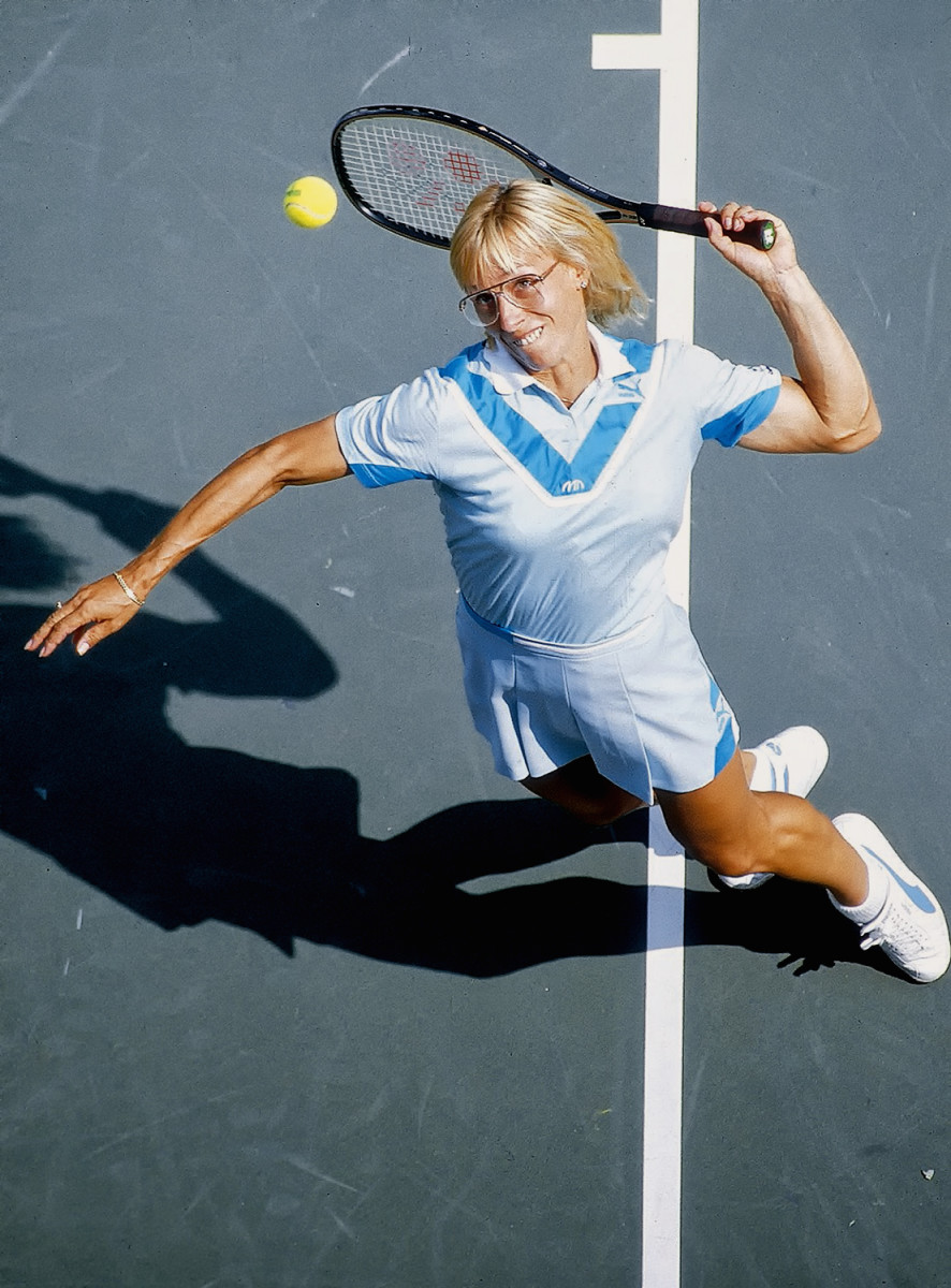 Martina Navratilova serves at National Tennis Center. Flushing, NY 9/2/1985