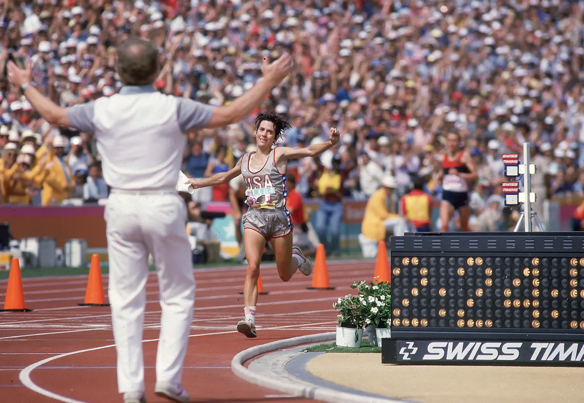 1984 Summer Olympics. Joan Benoit Samueslson winning marathon race.