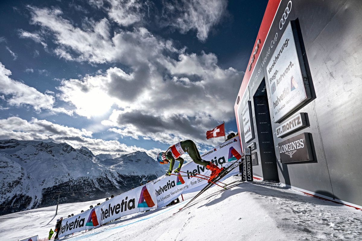 Mikaela Shiffrin in action during Women’s Super G race on Piz Nair. St. Moritz, Switzerland 12/14/2019