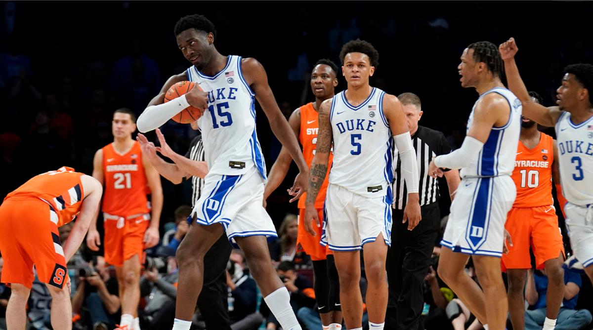 Duke’s Mark Williams (15) after rebounding the ball in the final seconds of the second half of an NCAA college basketball game during quarterfinals of the Atlantic Coast Conference men’s tournament, Thursday, March 10, 2022, in New York.