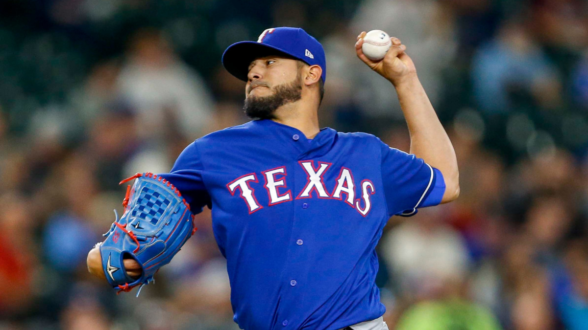 Sep 28, 2018; Seattle, WA, USA; Texas Rangers starting pitcher Martin Perez (33) throws out a pitch against the Seattle Mariners during the first inning at Safeco Field. Mandatory Credit: Jennifer Buchanan-USA TODAY Sports