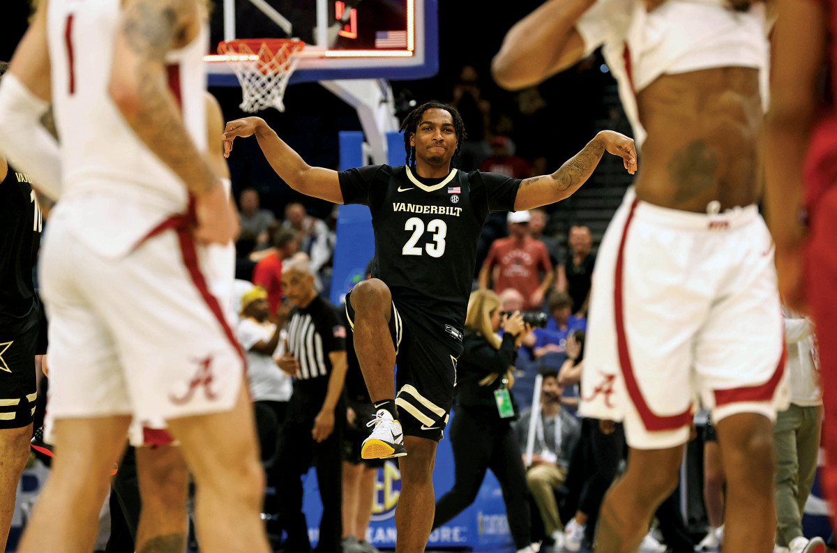 Vanderbilt Commodores guard Jamaine Mann (23) celebrates after they beat the Alabama Crimson Tide during the second half at Amalie Arena.