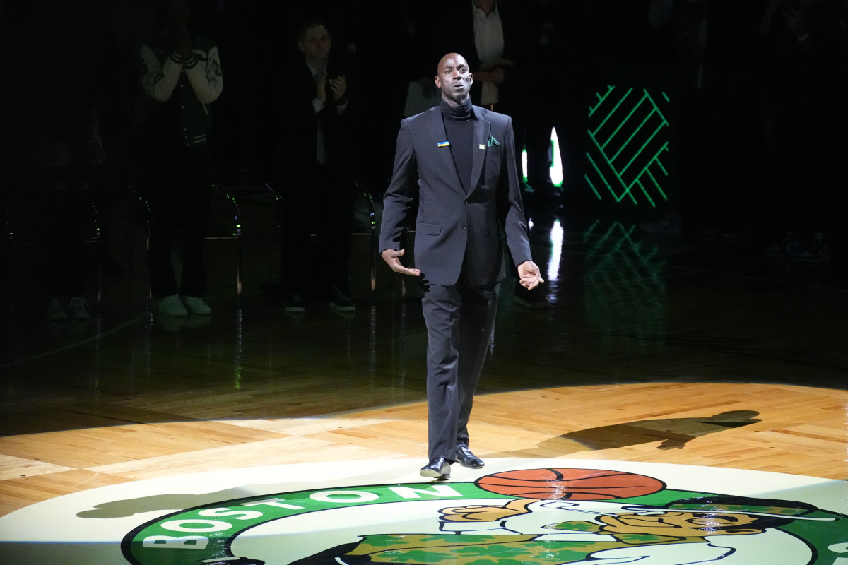 Basketball Hall of Fame and former Boston Celtic Kevin Garnett shows emotion as he is introduced during his number retirement ceremony after game between the Boston Celtics and the Dallas Mavericks at TD Garden.