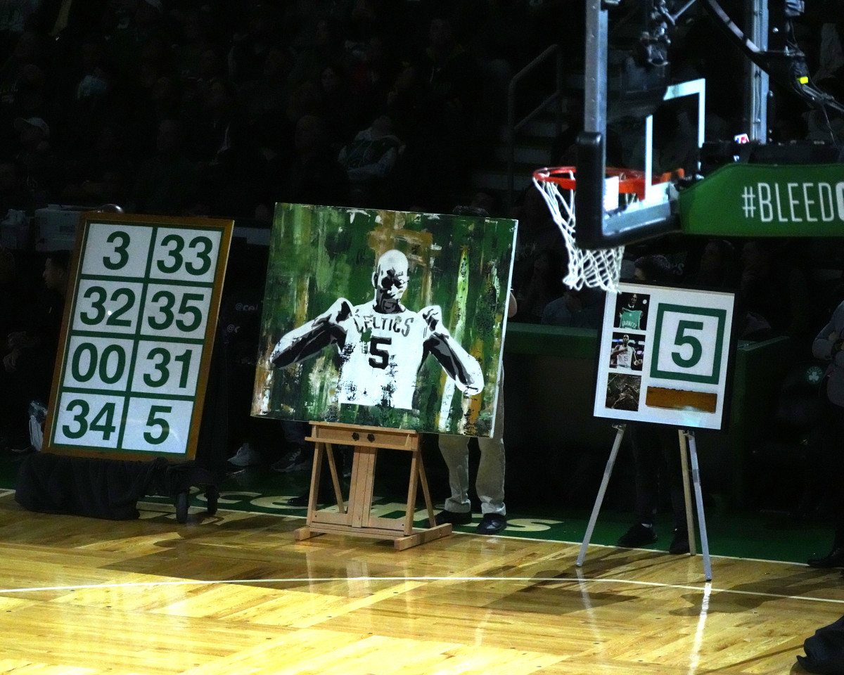 The gifts given to Basketball Hall of Fame and former Boston Celtic, Kevin Garnett during the number retirement ceremony after the game between the Boston Celtics the Dallas Mavericks at TD Garden.