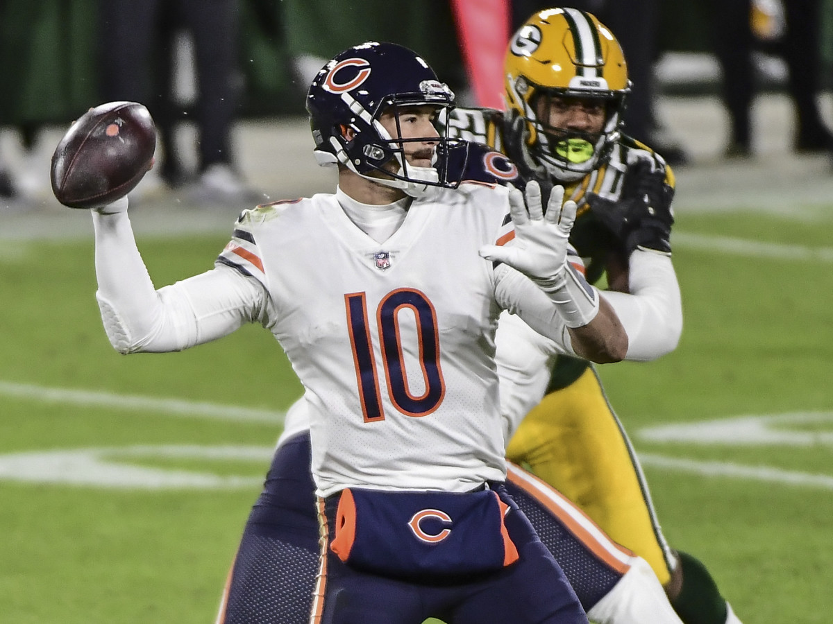 Nov 29, 2020; Green Bay, Wisconsin, USA; Chicago Bears quarterback Mitchell Trubisky (10) throws a pass in the fourth quarter during the game against the Green Bay Packers at Lambeau Field. Mandatory Credit: Benny Sieu-USA TODAY Sports
