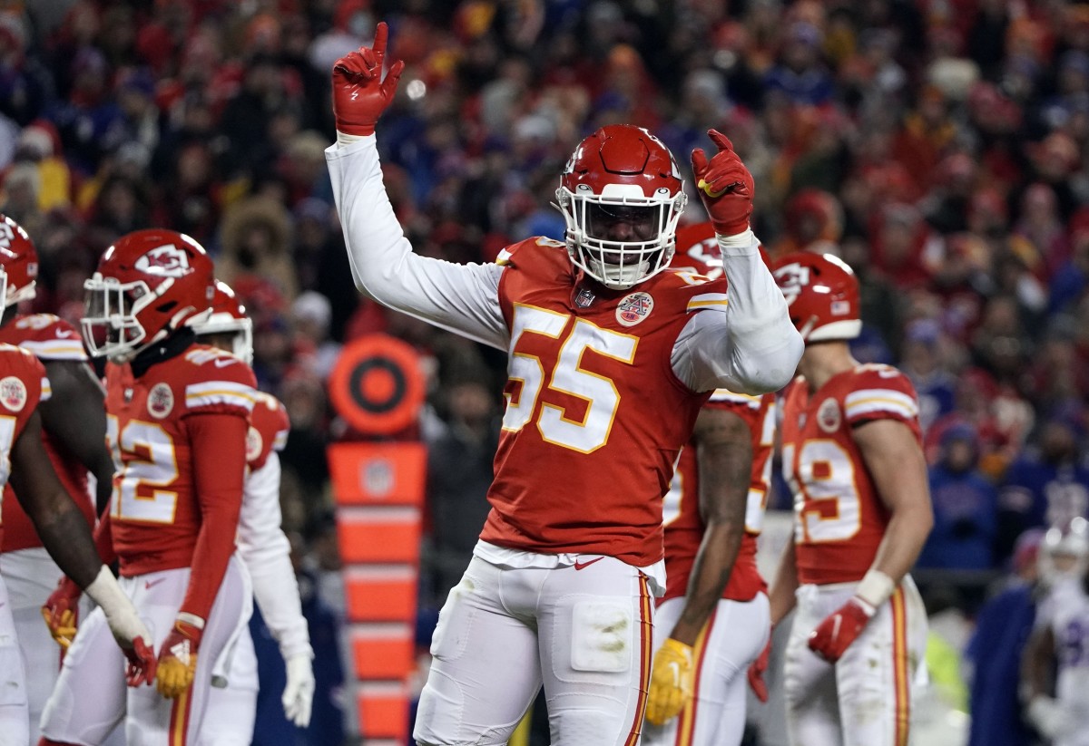Jan 23, 2022; Kansas City, Missouri, USA; Kansas City Chiefs defensive end Frank Clark (55) reacts after a play against the Buffalo Bills during the second half of the AFC Divisional playoff football game at GEHA Field at Arrowhead Stadium. Mandatory Credit: Denny Medley-USA TODAY Sports