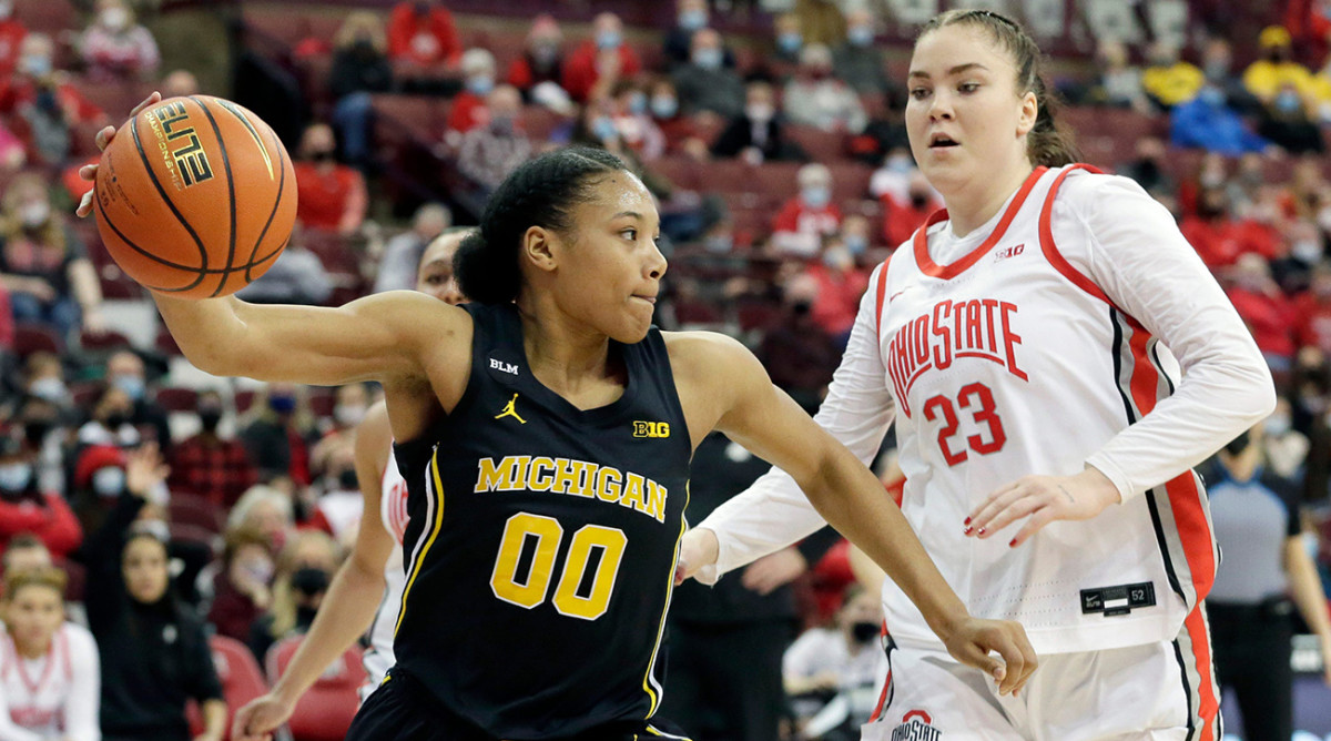 Michigan Wolverines forward Naz Hillmon (0) grabs a rebound away from Ohio State Buckeyes forward Rebeka Mikulasikova (23) on January 27, 2022, at Value City Arena in Columbus.