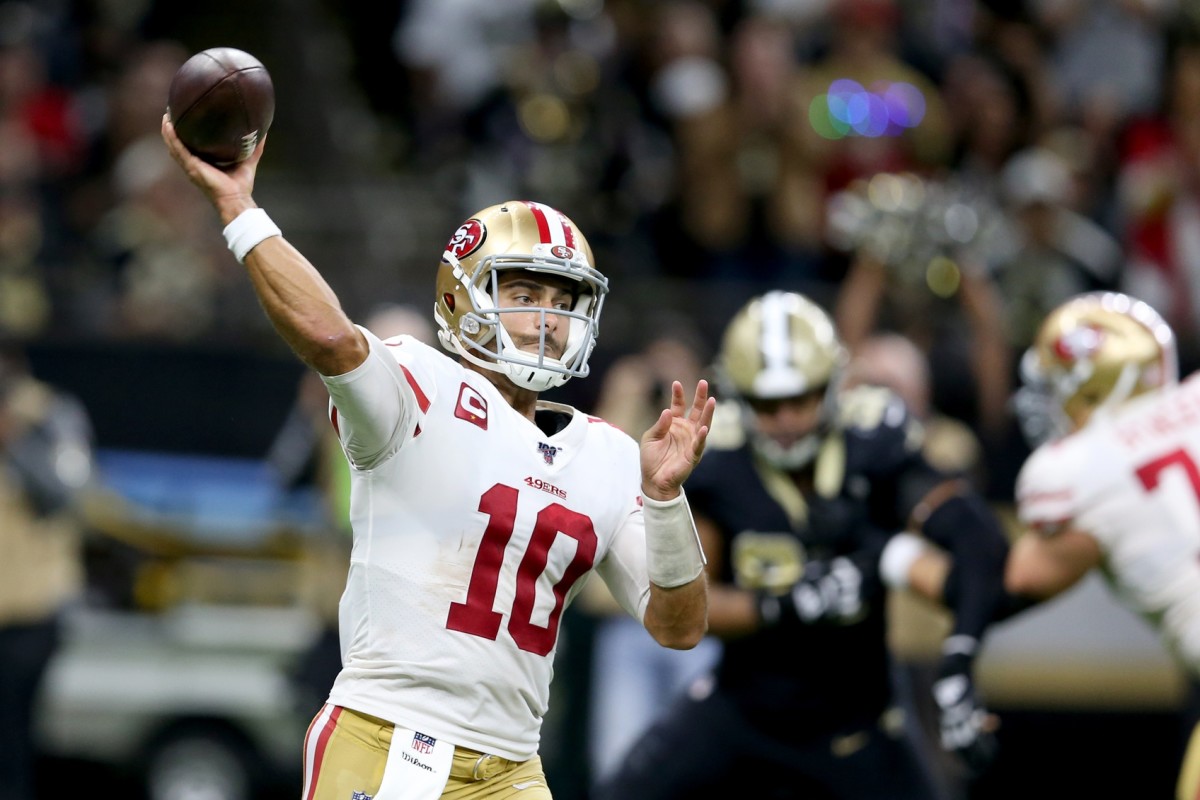 San Francisco 49ers quarterback Jimmy Garoppolo (10) throws the ball against the New Orleans Saints. Mandatory Credit: Chuck Cook-USA TODAY