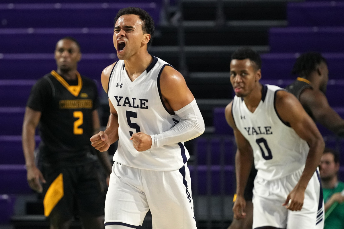 Nov 24, 2021; Fort Myers, FL, USA; Yale Bulldogs guard Azar Swain (5) reacts after making a three point basket against the Milwaukee Panthers during the second half at Suncoast Credit Union Arena. Mandatory Credit: Jasen Vinlove-USA TODAY Sports