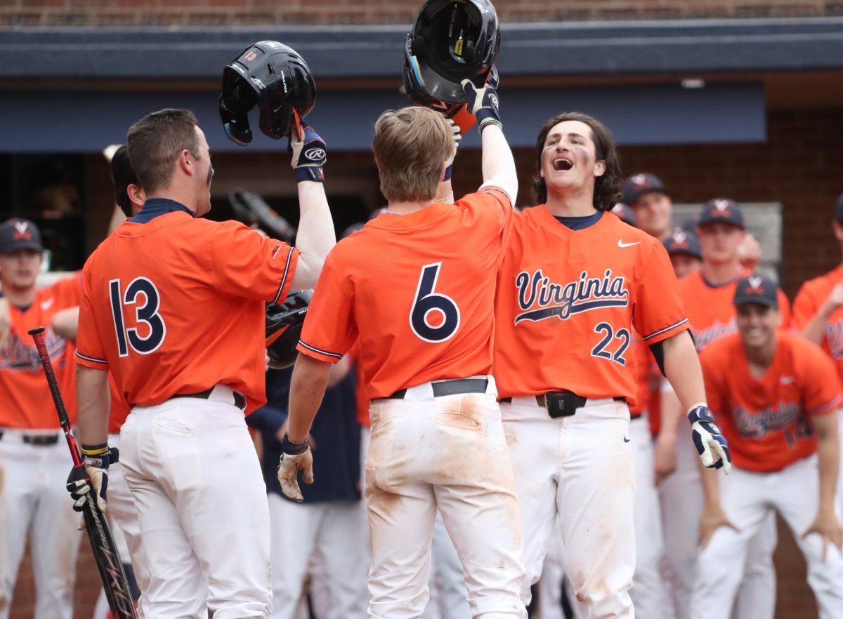 This year's hottest rising team, Virginia, celebrates a home run from freshman Griff O'Ferrall (6).