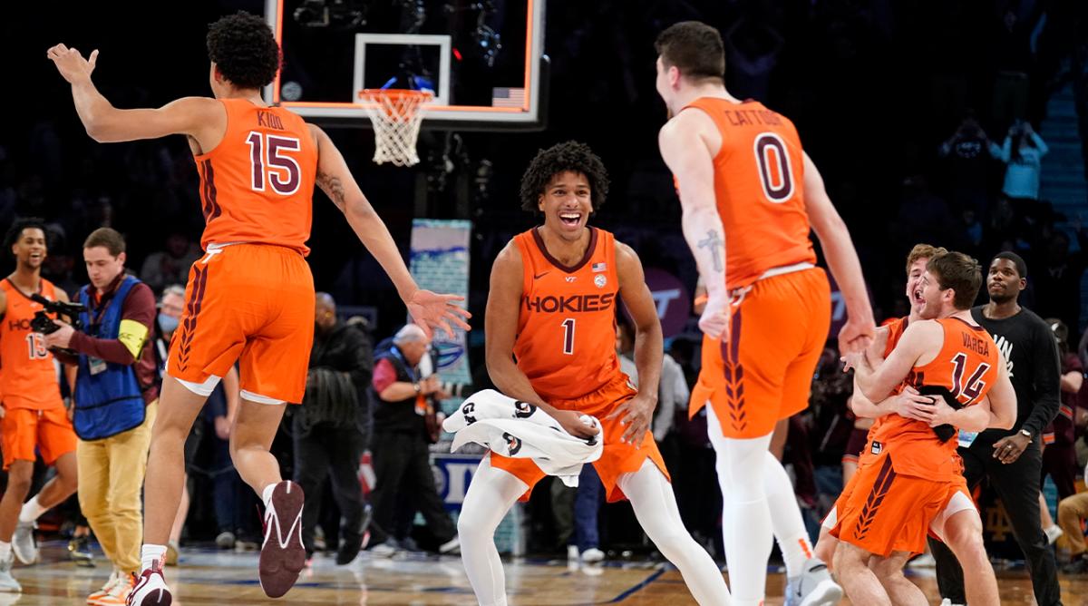 Virginia Tech celebrates after winning against Duke in the NCAA college basketball championship game of the Atlantic Coast Conference men’s tournament, Saturday, March 12, 2022, in New York. Virginia Tech won, 82-67.