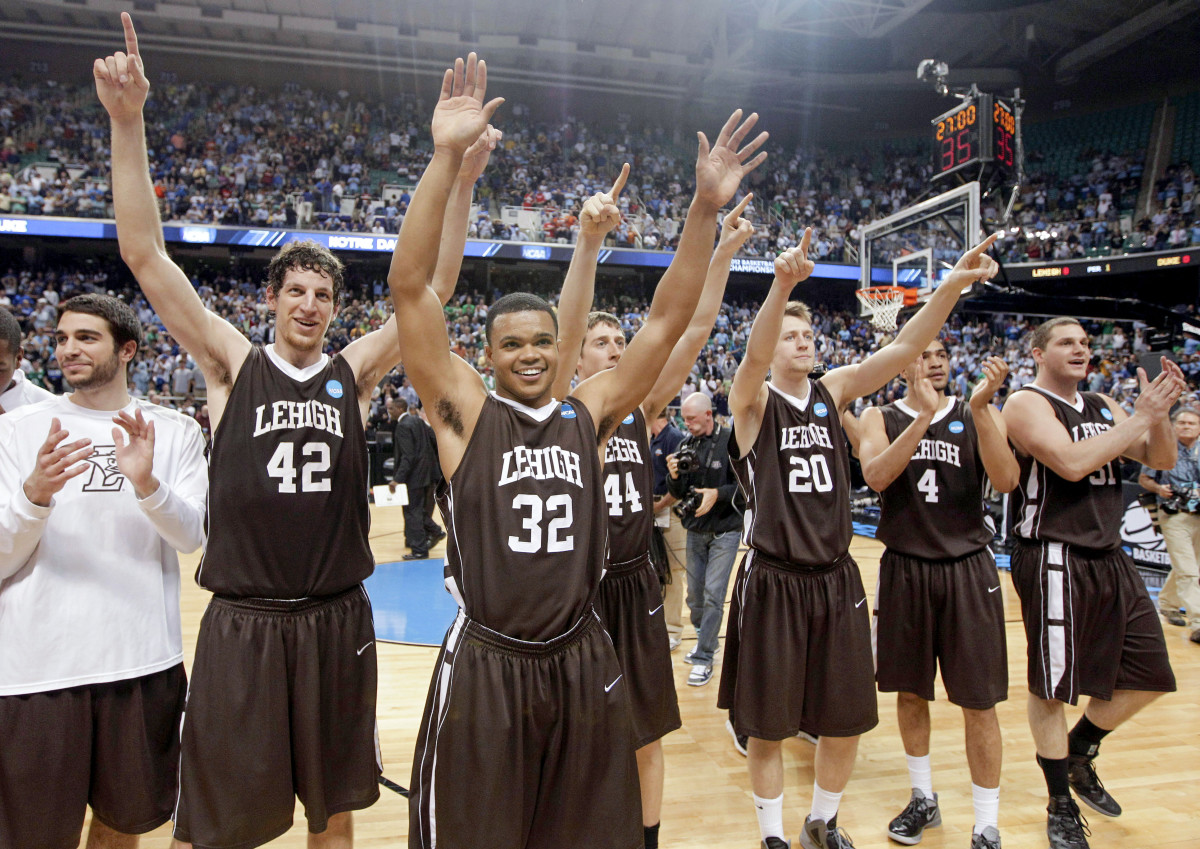 Lehigh raises its arms after beating Duke