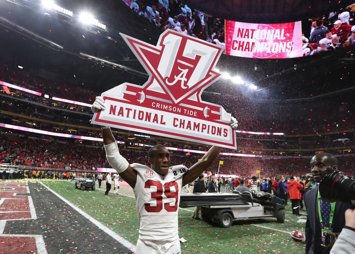 Alabama Crimson Tide cornerback Levi Wallace (39) celebrates a victory against the Georgia Bulldogs in the 2018 CFP national championship college football game at Mercedes-Benz Stadium.