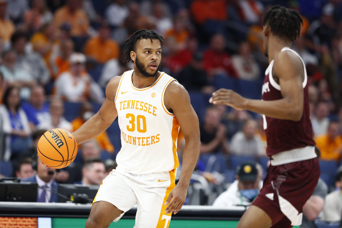 Mar 13, 2022; Tampa, FL, USA; Tennessee Volunteers guard Josiah-Jordan James (30) drives to the basket against the Texas A&M Aggies during the second half at Amalie Arena. Mandatory Credit: Kim Klement-USA TODAY Sports