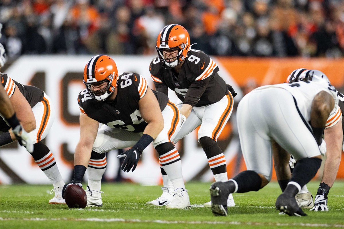 Dec 20, 2021; Cleveland, Ohio, USA; Cleveland Browns quarterback Nick Mullens (9) lines up for the snap behind center JC Tretter (64) against the Las Vegas Raiders during the first quarter at FirstEnergy Stadium. Mandatory Credit: Scott Galvin-USA TODAY Sports