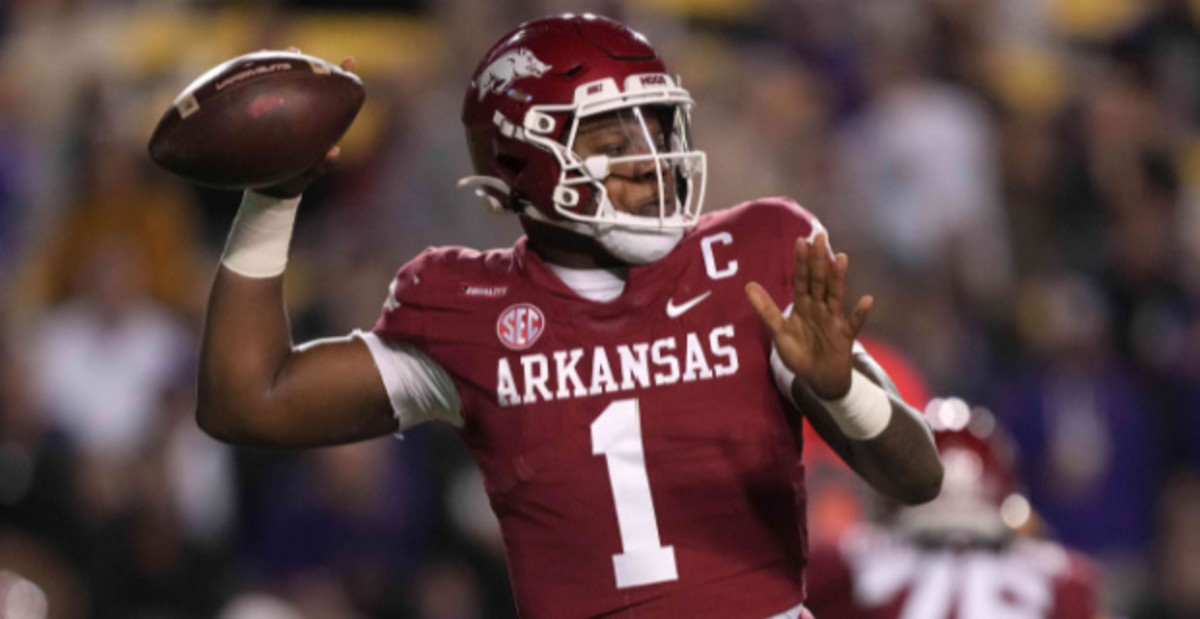 Arkansas Razorbacks quarterback KJ Jefferson attempts a pass during a college football game in the SEC.