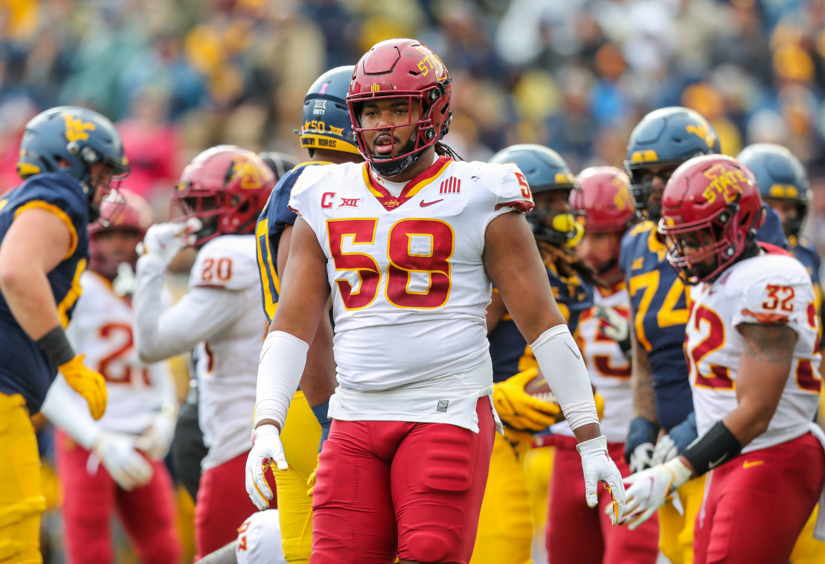 Oct 30, 2021; Morgantown, West Virginia, USA; Iowa State Cyclones defensive end Eyioma Uwazurike (58) during the first quarter against the West Virginia Mountaineers at Mountaineer Field at Milan Puskar Stadium. Mandatory Credit: Ben Queen-USA TODAY Sports