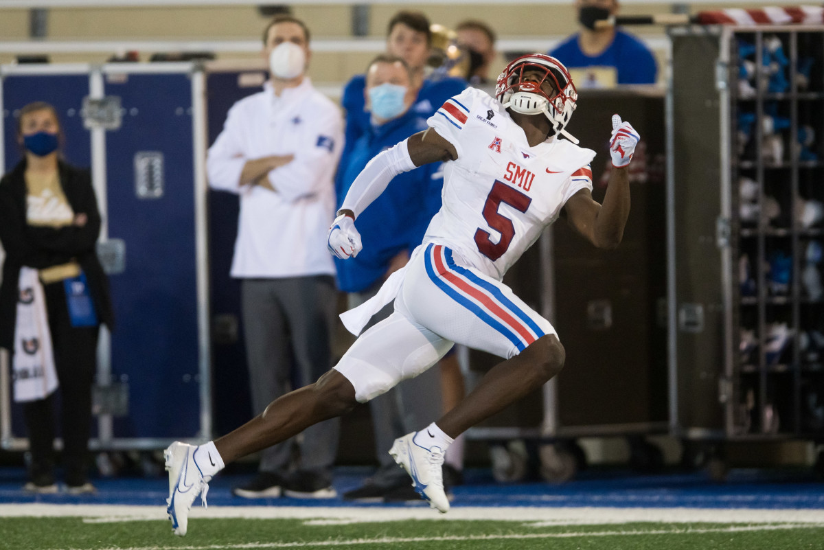 Nov 14, 2020; Tulsa, Oklahoma, USA; Southern Methodist Mustangs wide receiver Danny Gray (5) looks back for a pass during the second quarter of the game against the Tulsa Golden Hurricane at Skelly Field at H.A. Chapman Stadium. TU won the game 28-24. Mandatory Credit: Brett Rojo-USA TODAY Sports
