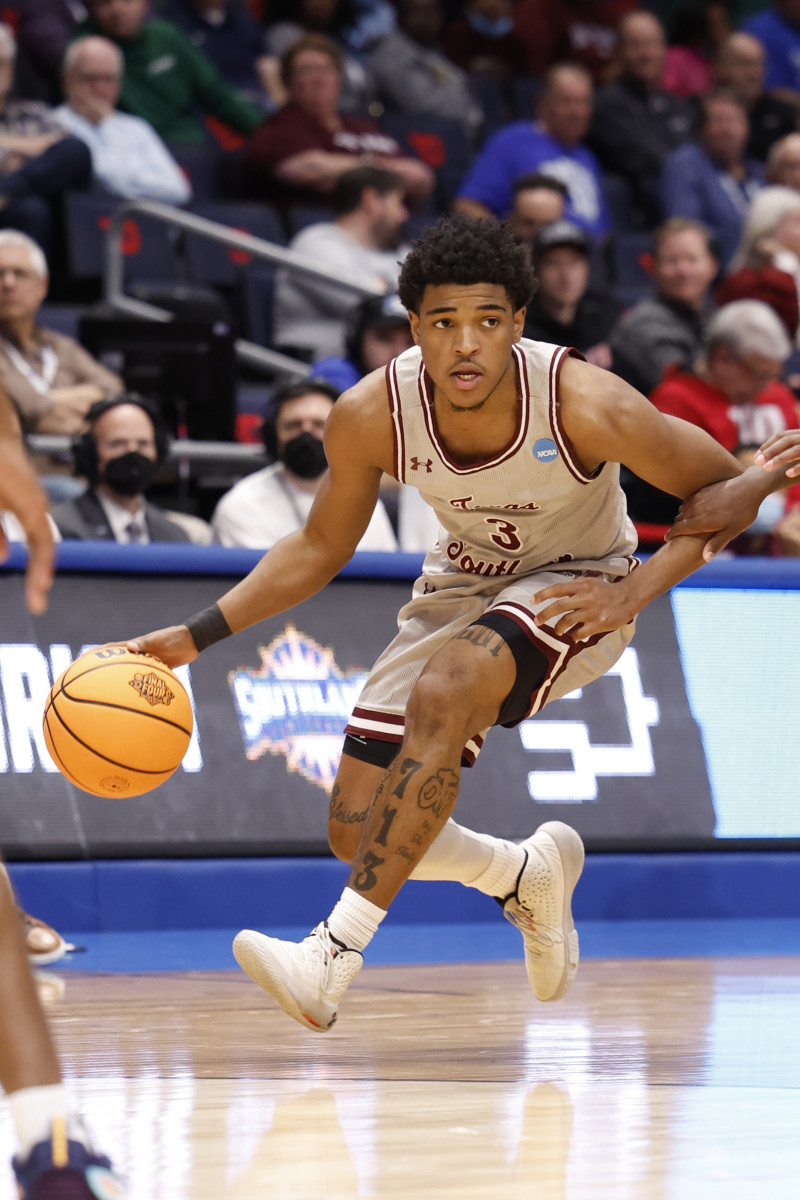 Mar 15, 2022; Dayton, OH, USA; Texas Southern Tigers guard PJ Henry (3) dribbles down court in the first half against the Texas A&M-CC Islanders in the first half during the First Four of the 2022 NCAA Tournament at UD Arena. Mandatory Credit: Rick Osentoski-USA TODAY Sports