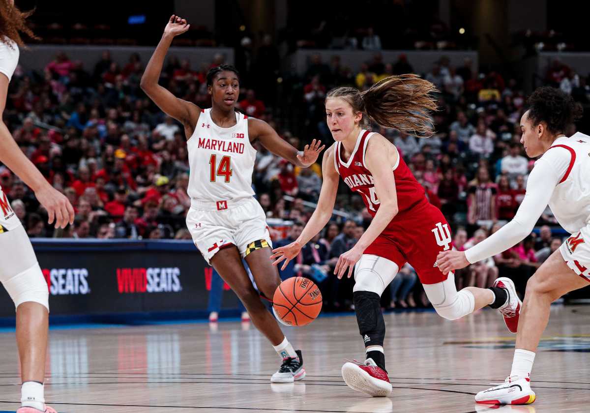 Indiana Hoosiers guard Ali Patberg (14) dribbles the ball during the Big Ten Semifinals at Bankers Life Fieldhouse, Indianapolis, Saturday, March 7, 2020. Indiana Hoosiers lost to Maryland Terrapins, 51-66.