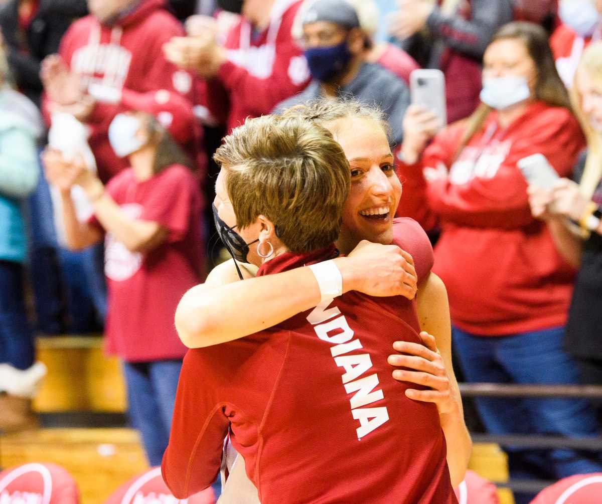 Indiana's Ali Patberg (14) embraces head coach Teri Moren after the victory in the Indiana versus Maryland women's basketball game at Simon Skjodt Assembly Hall on Sunday, Jan. 2, 2022.