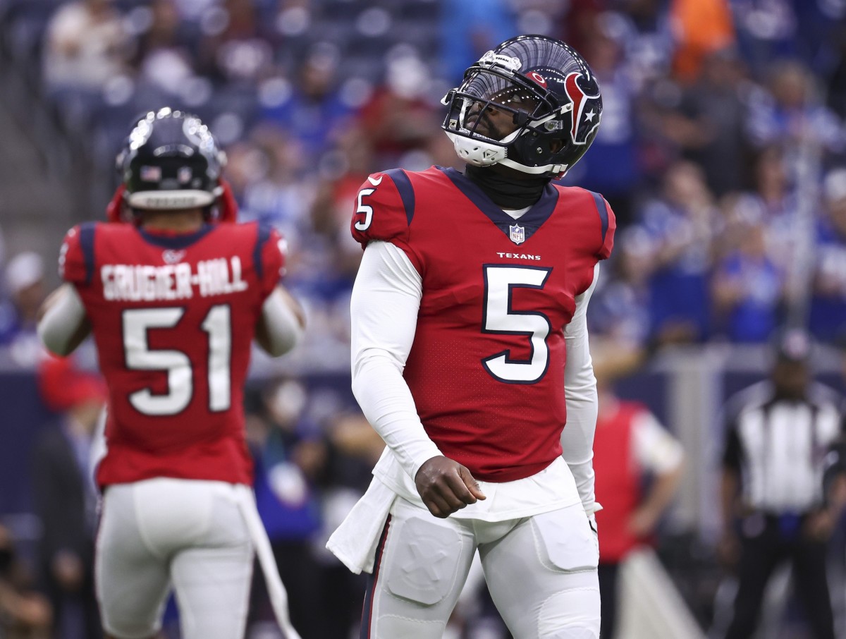 Dec 5, 2021; Houston, Texas, USA; Houston Texans quarterback Tyrod Taylor (5) looks up after a play during the first quarter against the Indianapolis Colts at NRG Stadium.