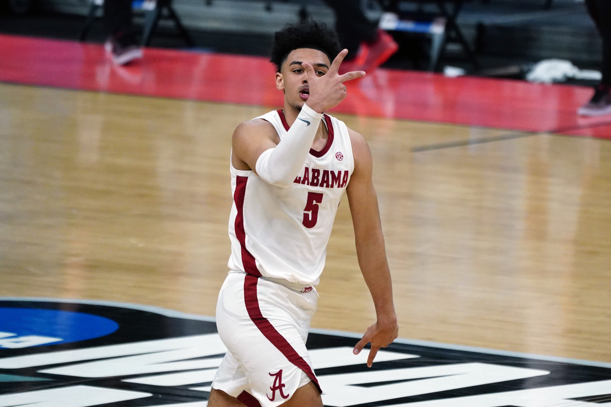 Alabama Crimson Tide guard Jaden Shackelford (5) reacts in the second half against the Maryland Terrapins in the second round of the 2021 NCAA Tournament at Bankers Life Fieldhouse.