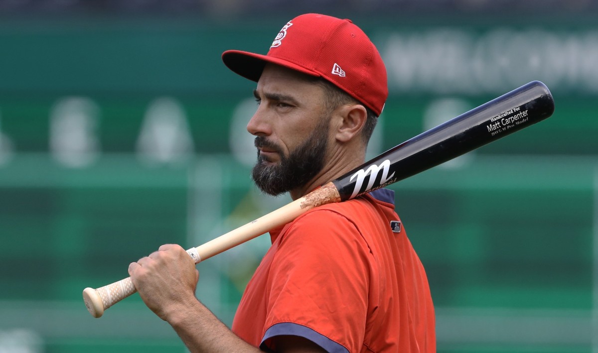 Aug 26, 2021; Pittsburgh, Pennsylvania, USA; St. Louis Cardinals infielder Matt Carpenter (13) looks on at the batting cage before the game against the Pittsburgh Pirates at PNC Park. Mandatory Credit: Charles LeClaire-USA TODAY Sports