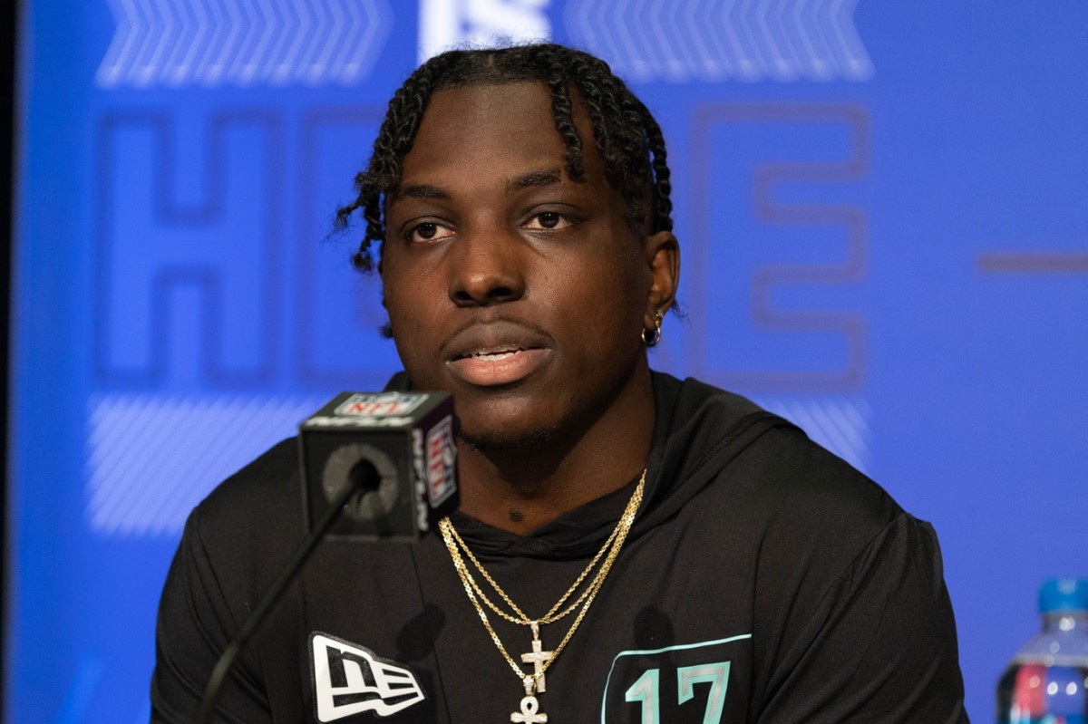 Mar 4, 2022; Indianapolis, IN, USA; Alabama linebacker Christian Harris (LB17) talks to the media during the 2022 NFL Combine.