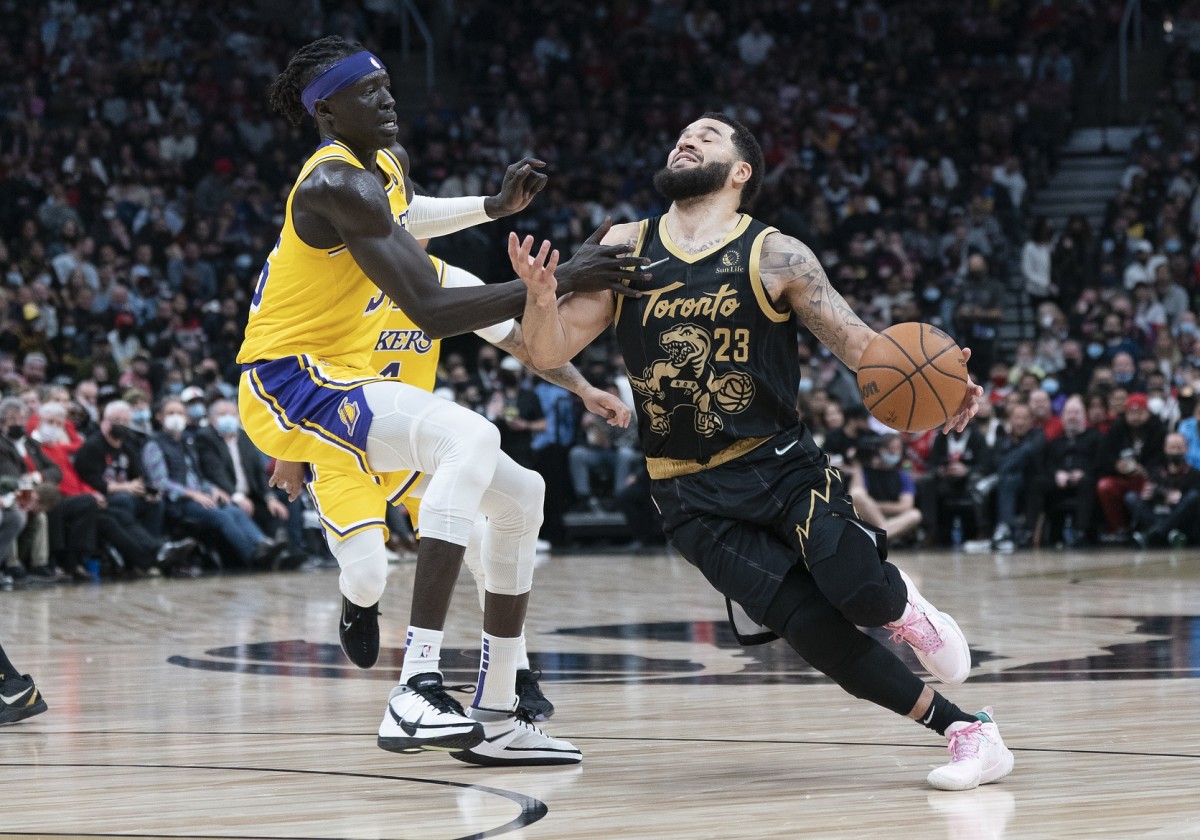 Toronto Raptors guard Fred VanVleet (23) drives to the basket as Los Angeles Lakers forward Wenyen Gabriel (35) tries to defend during the fourth quarter at Scotiabank Arena