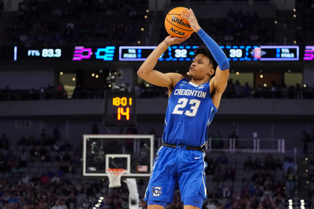 Mar 17, 2022; Fort Worth, TX, USA; Creighton Bluejays guard Trey Alexander (23) makes a jump shot against the San Diego State Aztecs during the second half in the first round of the 2022 NCAA Tournament at Dickies Arena. Mandatory Credit: Chris Jones-USA TODAY Sports