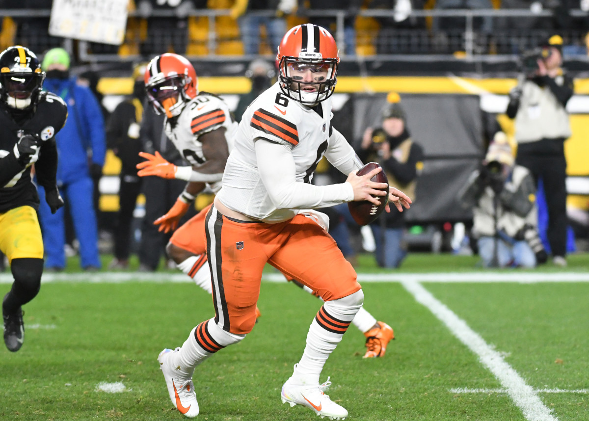 Jan 3, 2022; Pittsburgh, Pennsylvania, USA; Cleveland Browns quarterback Baker Mayfield (6) against the Pittsburgh Steelers during the second quarter at Heinz Field. Mandatory Credit: Philip G. Pavely-USA TODAY Sports