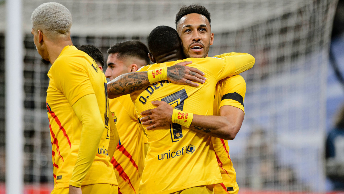 Pierre-Emerick Aubameyang celebrates a goal in El Clasico