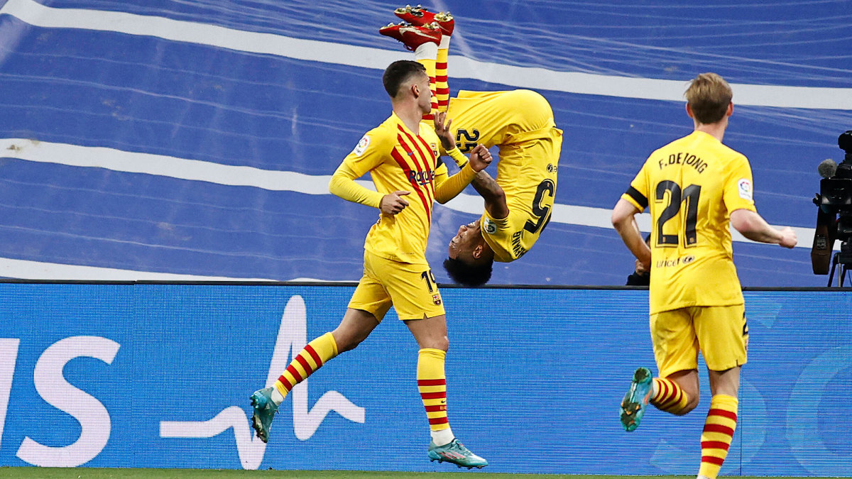 Pierre-Emerick Aubameyang celebrates a goal for Barcelona in El Clasico