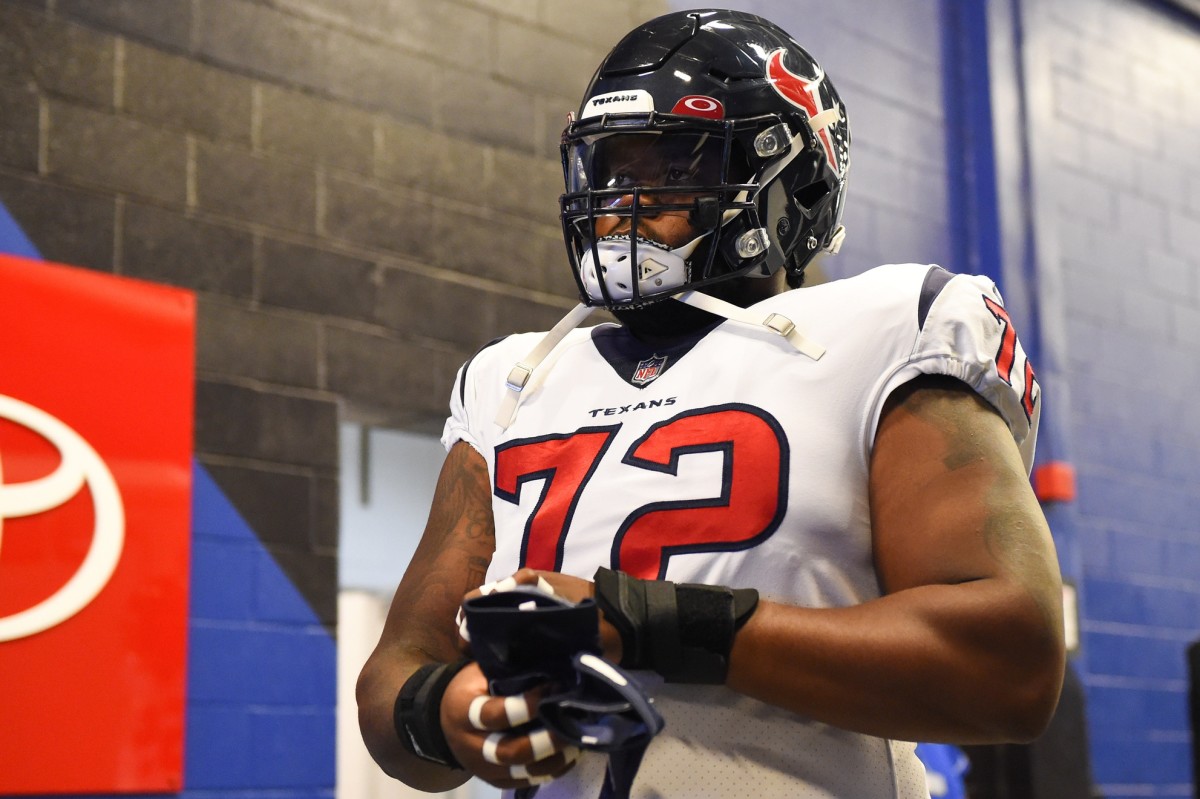 Oct 3, 2021; Orchard Park, New York, USA; Houston Texans offensive tackle Geron Christian (72) walks to the field prior to the game against the Buffalo Bills at Highmark Stadium. Mandatory Credit: Rich Barnes-USA TODAY Sports