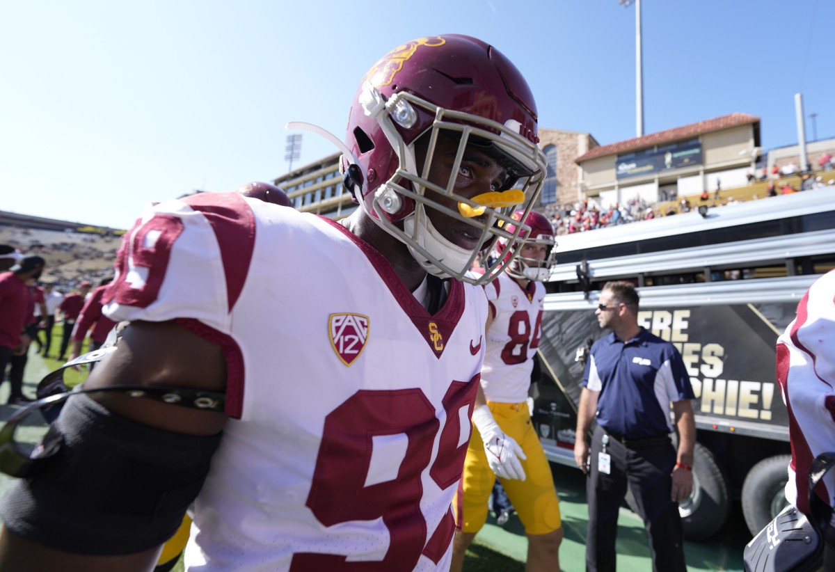 Oct 2, 2021; Boulder, Colorado, USA; USC Trojans linebacker Drake Jackson (99) before the game against the Colorado Buffaloes at Folsom Field. Mandatory Credit: Ron Chenoy-USA TODAY Sports