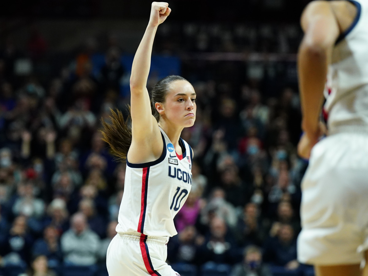 UConn Huskies guard Nika Muhl (10) reacts after her basket against the UCF Knights in the first half at Harry A. Gampel Pavilion.