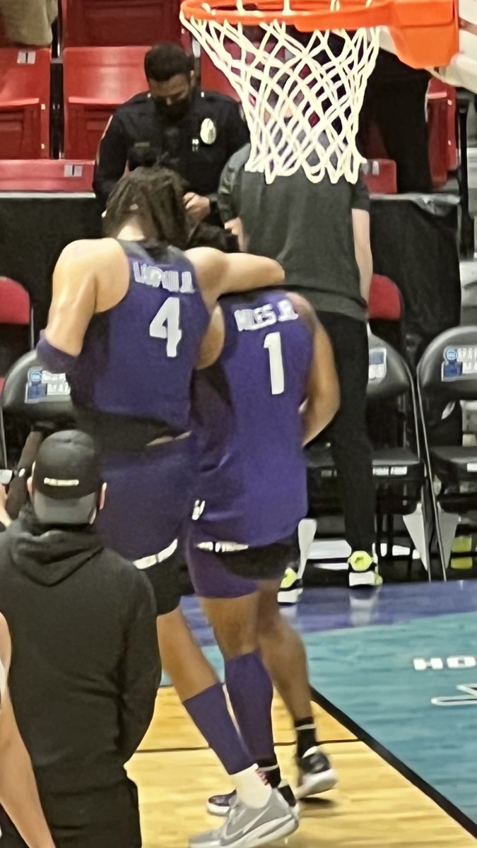 Eddie Lampkin Jr. and Mike Miles Jr. console each other after TCU was eliminated from the NCAA Tournament.