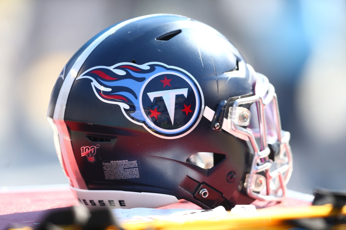 A Tennessee Titans helmet lays on the sidelines during the game against the Carolina Panthers at Bank of America Stadium.