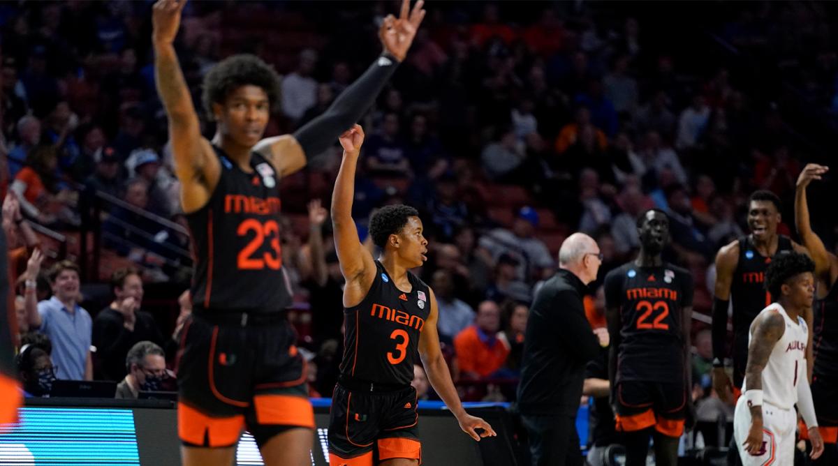 Miami celebrates after scoring during the second half of a college basketball game against Auburn in the second round of the NCAA tournament on Sunday, March 20, 2022, in Greenville, S.C.