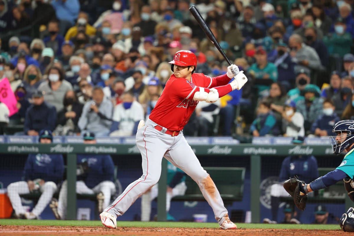 Oct 1, 2021; Seattle, Washington, USA; Los Angeles Angels designated hitter Shohei Ohtani (17) at bat against the Seattle Mariners during the fifth inning at T-Mobile Park. Mandatory Credit: Abbie Parr-USA TODAY Sports