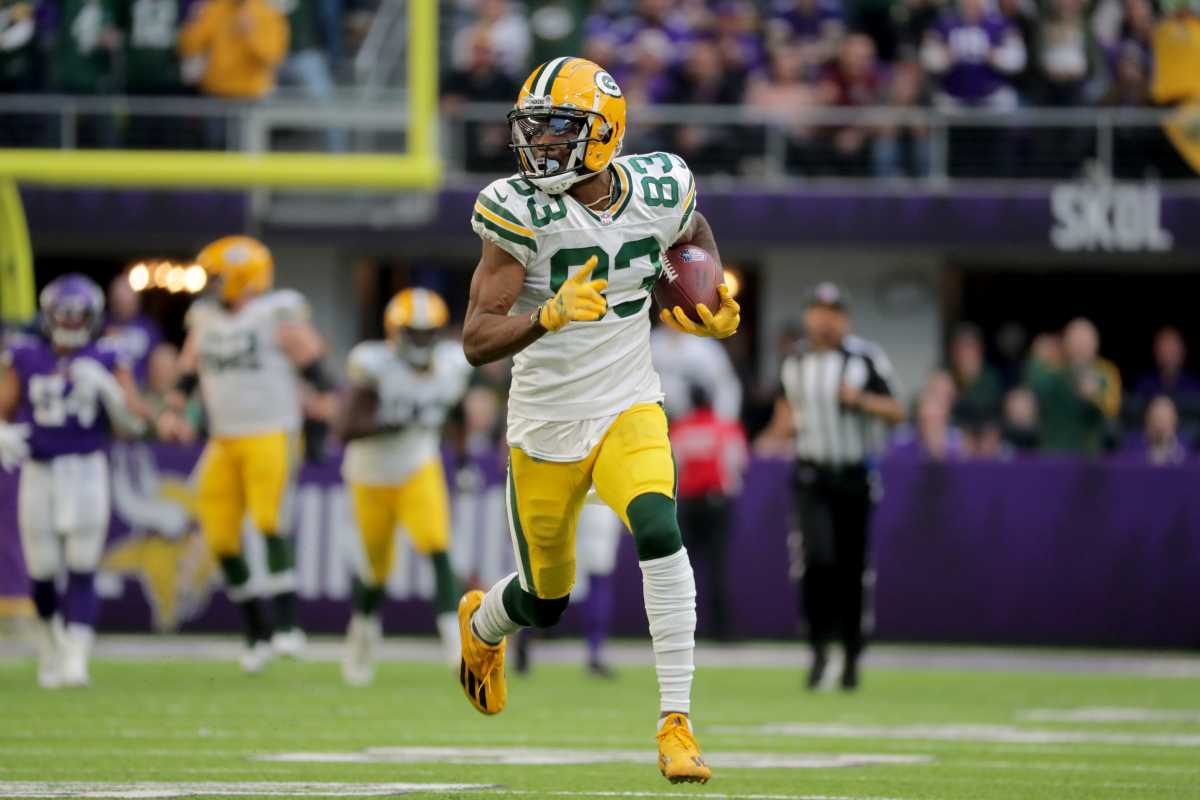 Green Bay Packers wide receiver Marquez Valdes-Scantling (83) scores a touchdown on a 75-yard touchdown during the fourth quarter of their game Sunday, November 21, 2021 at U.S. Bank Stadium in Minneapolis, Minn. The Minnesota Vikings beat the Green Bay Packers 34-31. Packers22 34