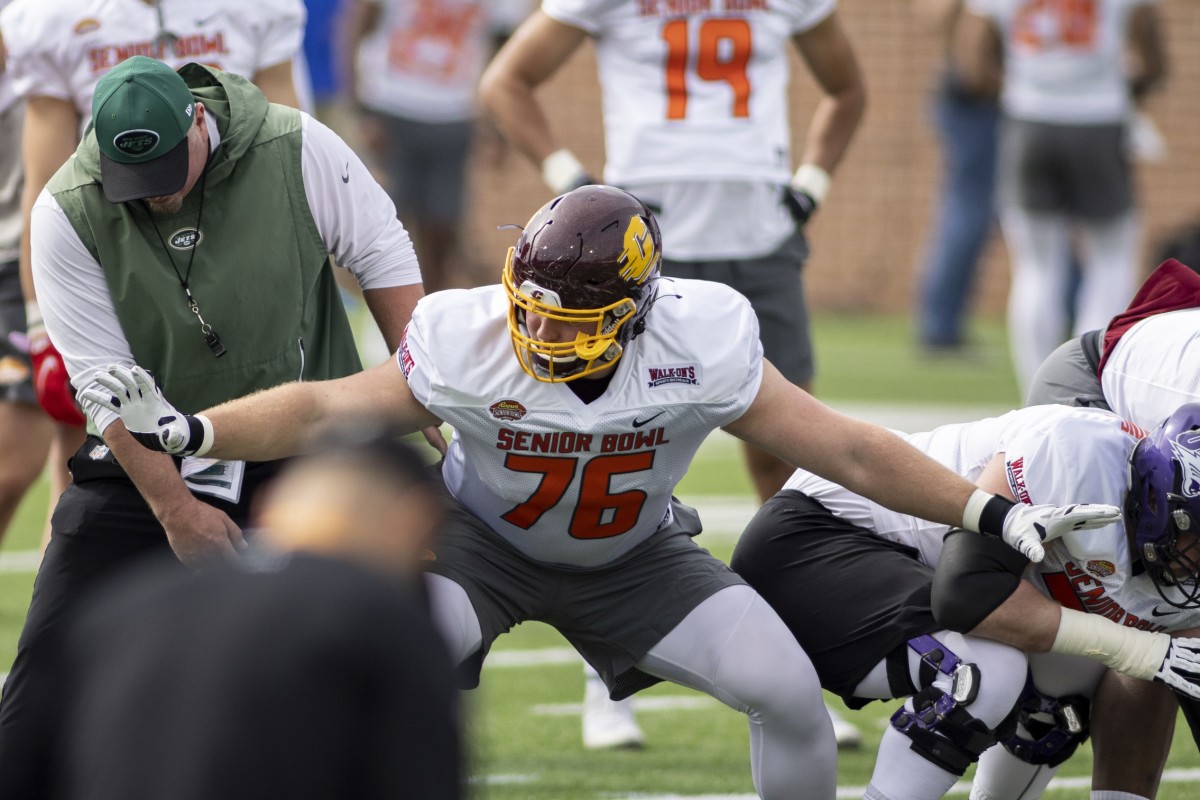 Offensive lineman Bernhard Raimann of Central Michigan (76) works with a coach during the 2022 Senior Bowl. Mandatory Credit: Vasha Hunt-USA TODAY Sports